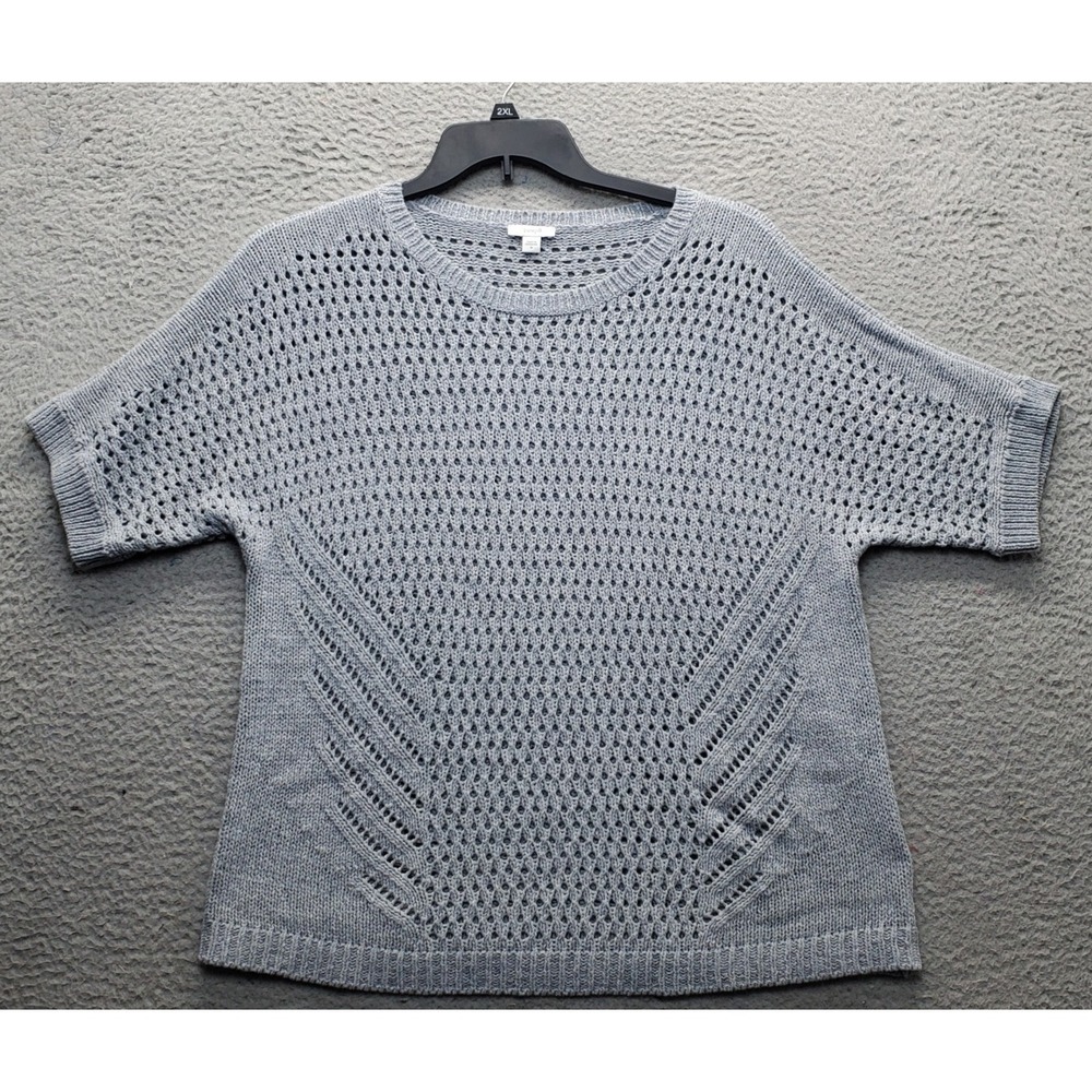 J. Jill Pullover Sweater Womens Medium Gray Open Knit Short Sleeve Round Neck